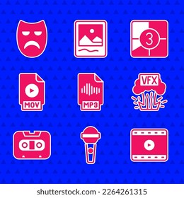 Set MP3 file document, Microphone, Play Video, VFX, Retro audio cassette tape, MOV, Old film movie countdown frame and Drama theatrical mask icon. Vector