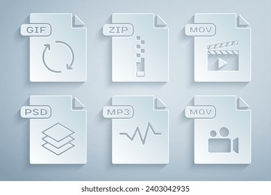 Indique el documento de archivo MP3, MOV, PSD, ZIP y GIF. Vector