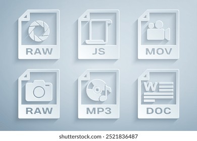 Set MP3 file document, MOV, RAW, DOC, JS and  icon. Vector