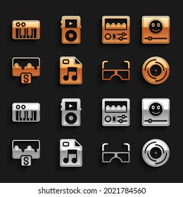 Set MP3 file document, Music player, Vinyl disk, Glasses, wave equalizer, Drum machine, synthesizer and  icon. Vector