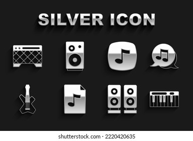 Set MP3 file document, Music note, tone, synthesizer, Stereo speaker, Electric bass guitar, Guitar amplifier and  icon. Vector