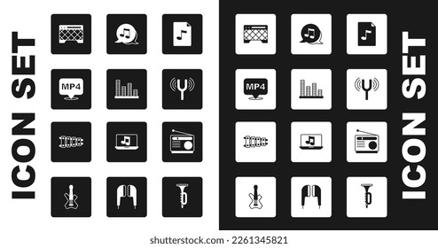 Set MP3 file document, Music equalizer, MP4, Guitar amplifier, Musical tuning fork, note, tone, Radio and Xylophone icon. Vector
