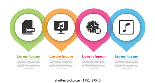 Establecer el documento de archivo MP3, nota musical en burbuja de voz, disco de vinilo y nota musical, tono. Plantilla de infografía de negocios. Vector