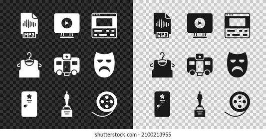 Set MP3 file document, Online play video, Video recorder on laptop, Backstage, Movie trophy, Film reel, Sleeveless T-shirt and Actor trailer icon. Vector