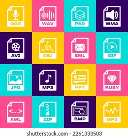 Set MP3 file document, RUBY, GIF, PSD, OBJ and AVI icon. Vector