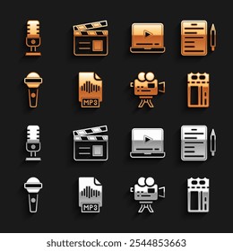 Set MP3 file document, Scenario, Cinema ticket, Retro cinema camera, Microphone, Online play video,  and Movie clapper icon. Vector