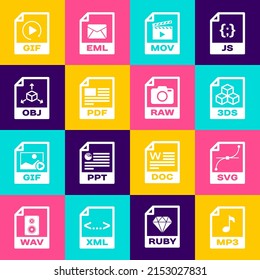Establezca el documento de archivo MP3, SVG, 3DS, MOV, PDF y el icono OBJ. Vector