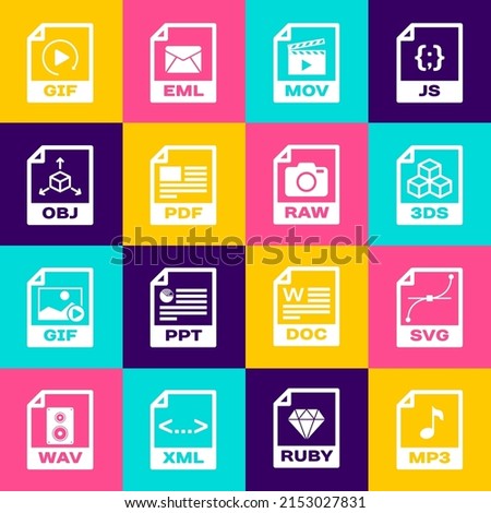 Set MP3 file document, SVG, 3DS, MOV, PDF and OBJ icon. Vector