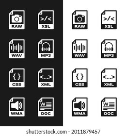 Set MP3 file document, WAV, RAW, XSL, CSS and XML icon. Vector