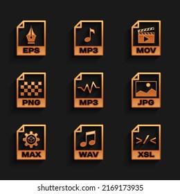 Set MP3 file document, WAV, XSL, JPG, MAX and PNG icon. Vector