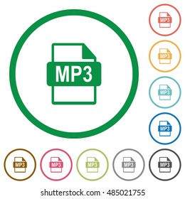 Set of MP3 file format color round outlined flat icons on white background