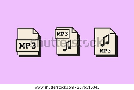 Set of MP3 file icons in retro computer style with nostalgic interface elements and simple layout. Flat style vector illustration Isolated on background.