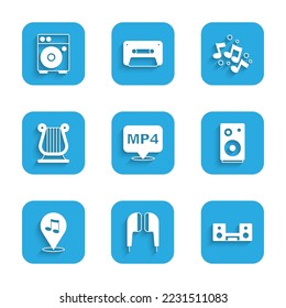 Establecer el documento de archivo MP4, auriculares de aire, estéreo en casa con dos altavoces, estéreo, nota musical de localización, letra griega antigua, tono musical e icono del amplificador de guitarra. Vector