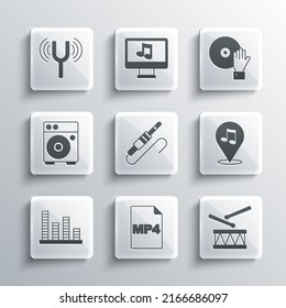 Set MP4 file document, Drum with drum sticks, Location musical note, Audio jack, Music equalizer, Guitar amplifier, Musical tuning fork and DJ playing icon. Vector