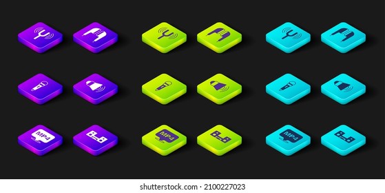 Set MP4 file document, Home stereo with two speakers, Microphone, Megaphone, Air headphones and Musical tuning fork icon. Vector