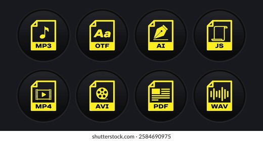 Set MP4 file document, JS, AVI, PDF, AI and OTF icon. Vector