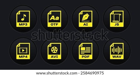 Set MP4 file document, JS, AVI, PDF, AI and OTF icon. Vector