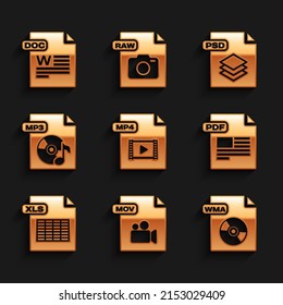 Set MP4 file document, MOV, WMA, PDF, XLS, MP3, PSD and DOC icon. Vector