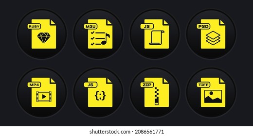 Set MP4 file document, PSD, JS, ZIP, M3U, TIFF and RUBY icon. Vector