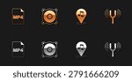 Set MP4 file document, Stereo speaker, Location musical note and Musical tuning fork icon. Vector