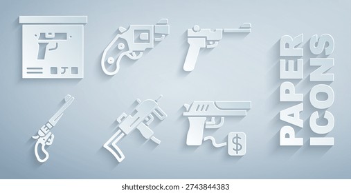 Set MP9I submachine gun, Mauser, Revolver, Buying pistol, Small revolver and Military ammunition box icon. Vector