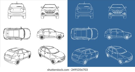 Establezca el plano del coche MPV en contorno. Plantilla del vehículo de la Ilustración vectorial con todo el lado y aislado en fondo transparente