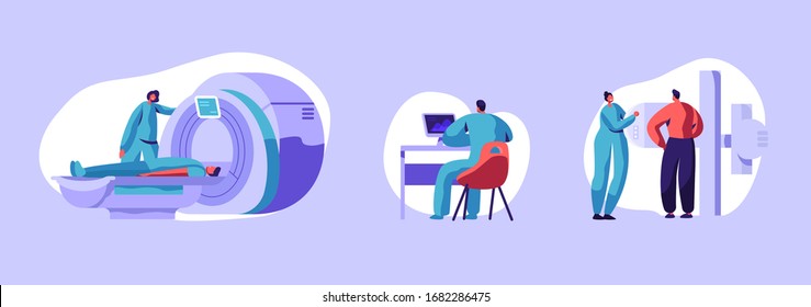 Establecer Procedimiento De Diagnóstico De Escaneo Y Fluorografía De Mri. Personaje Doctor mirando los resultados de la exploración corporal del paciente en la pantalla de Pc. Escáner de imágenes de resonancia magnética. Ilustración de vectores de personas de caricaturas