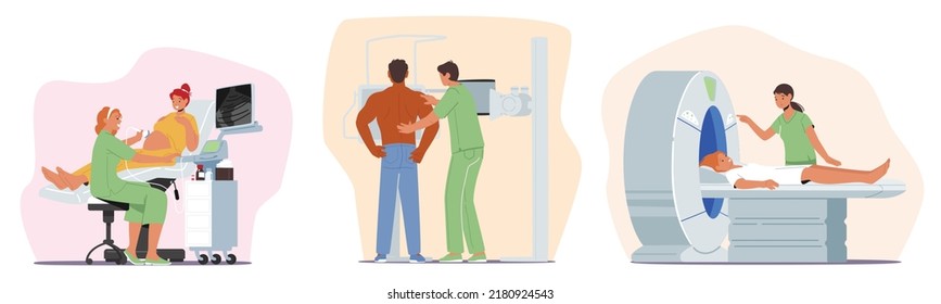 Set Mri Scanning and Fluorography Diagnostic Procedure. Doctor Character Looking at Results of Patient Body Scan on Pc Screen. Magnetic Resonance Imaging Scanner. Cartoon People Vector Illustration