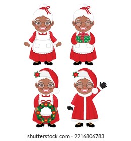 Set of Mrs. Claus Black skin Vector isolated on white background. Cute Afro Santa Wife Cartoon Character with gift box, holding Christmas wreath, waving and greeting. For Christmas cards