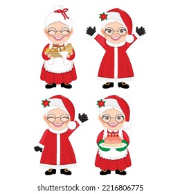 Set of Mrs.Claus Vector isolated on white background. Cute Santa Wife Cartoon Character with cake, holding bakery basket, waving and greeting. For Christmas cards, banners, tags and labels.