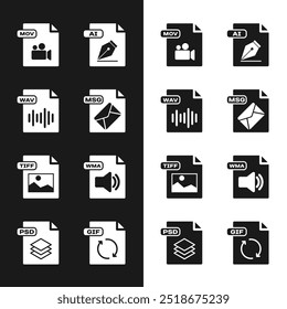 Set MSG file document, WAV, MOV, AI, TIFF, WMA, GIF and PSD icon. Vector