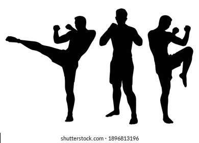 Juego de muay Thai de boxeo man vector de silueta sobre fondo blanco, 