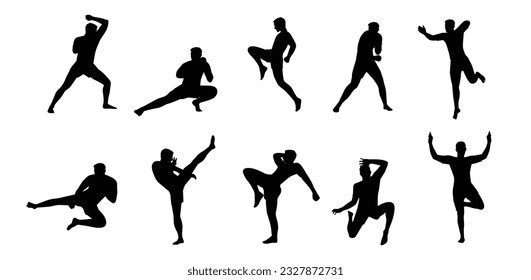 Set of Muay Thai character in different poses. Martial arts fighter. Flat vector illustration isolated on white background