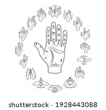 Set of Mudra hands. Collection of yoga for fingers. Healthy exercise for hands people. Reiki technique. Vector illustration of yoga sign on white background.