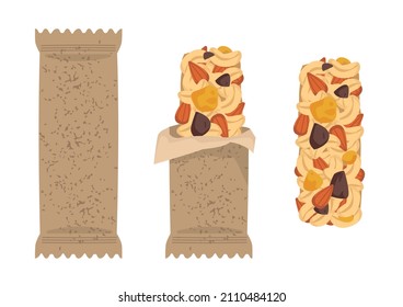 Un conjunto de barra de muesli con diferentes nueces y frutos secos en el envase y sin él. Ilustración vectorial al estilo infantil de dibujos animados. Clásico gracioso aislado sobre fondo blanco. huella linda