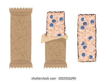 Un conjunto de barras de muesli con arándanos azules en envases artesanales beige y sin él. Imagen vectorial del postre vegano al estilo infantil de dibujos animados. Clipart aislado sobre un fondo blanco. Un bocadillo saludable.