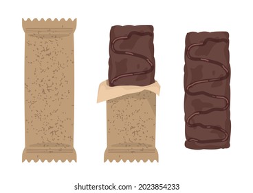 A set of muesli bars with chocolate in craft beige packaging and without it. Vector illustration of vegan dessert in cartoon childish style. Isolated clipart on a white background. Healthy snack.