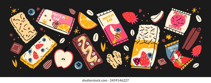 Set of muesli bars, healthy fitness snacks. Granola with dried fruits, nuts, candied fruits, coconut. Energy muesli snack stickers