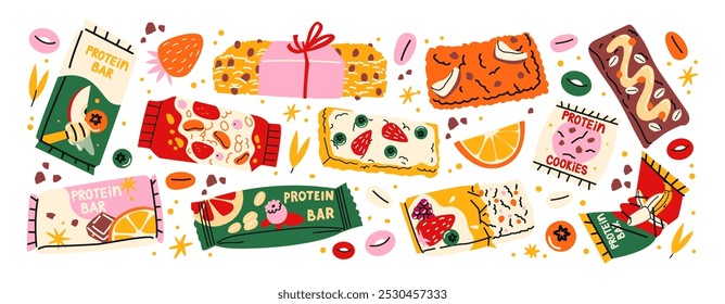 Set of muesli bars, healthy fitness snacks. Granola with dried fruits, nuts, candied fruits, coconut. Energy muesli snack sticker