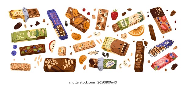 Conjunto de barras muesli. Mel com granola. Aperitivos de aptidão com cereais, nozes, frutas. Comida saudável para a dieta, nutrição adequada, comer. Biscoitos proteicos. Ilustrações isoladas planas de vetor em branco