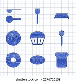 Set Muffin, Bread loaf, toast, Strainer spoon, Donut with sweet glaze, Cookie or biscuit chocolate, Electronic scales and Measuring icon. Vector