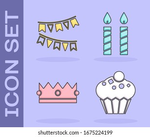 Set Muffin , Carnival garland with flags , Crown  and Birthday cake candles  icon. Vector