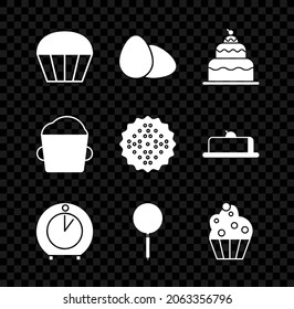 Set Muffin, Chicken egg, Cake, Kitchen timer, Frying pan, Cupcake, Bakery bowl dough and Cracker biscuit icon. Vector