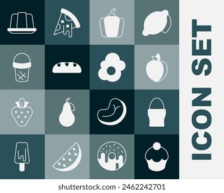 Set Muffin, Chicken egg on stand, Plum fruit, Bell pepper, Bread loaf, Ice cream waffle, Jelly cake and Scrambled icon. Vector