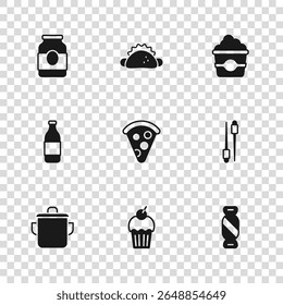 Set Muffin, Food chopsticks, Candy, Slice of pizza, Popcorn cardboard box, Jam jar, Taco with tortilla and Bottle wine icon. Vector