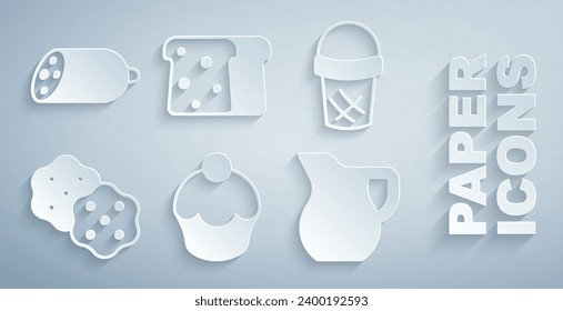 Set Muffin, Ice cream waffle, Cracker biscuit, Jug glass with milk, Bread toast and Salami sausage icon. Vector