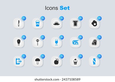 Set Muffin, Lollipop, Coffee cup to go, Food ordering on mobile, Candy, Steak meat, Knife and Wine glass icon. Vector