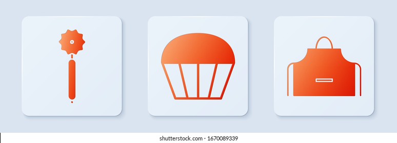 Set Muffin , Pizza knife  and Kitchen apron . White square button. Vector