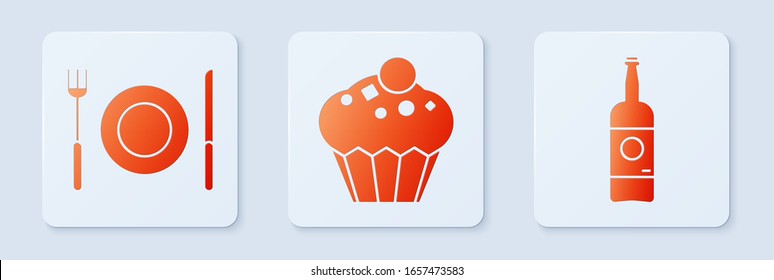 Set Muffin , Plate, fork and knife  and Beer bottle . White square button. Vector