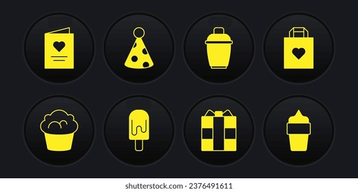 Set Muffin, Shopping bag with heart, Ice cream, Gift box, Cocktail shaker, Party hat, waffle cone and Postcard icon. Vector